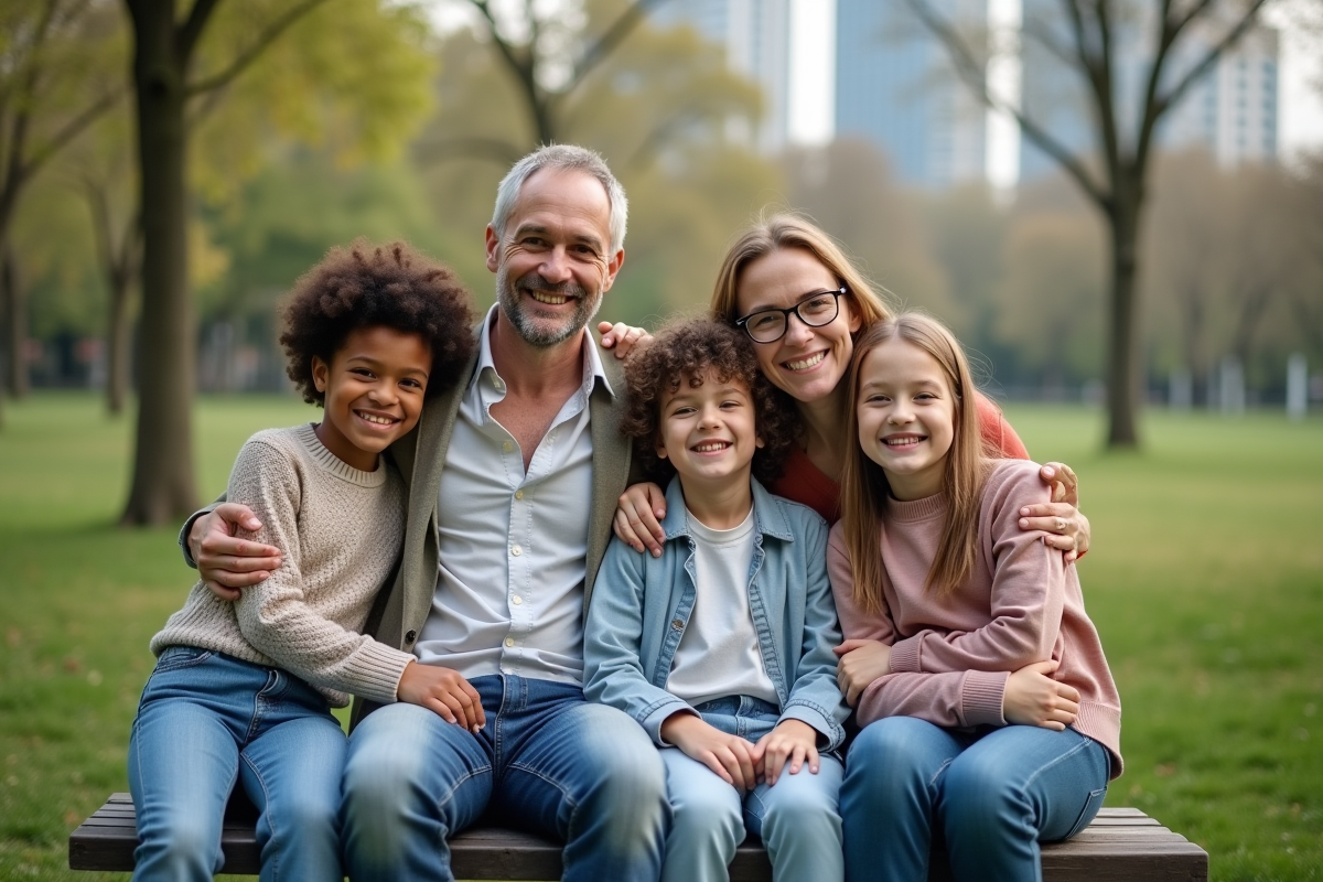 Adultes et enfants assis sur un banc dans un parc urbain