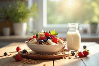 Petit déjeuner sain avec yaourt et fruits frais