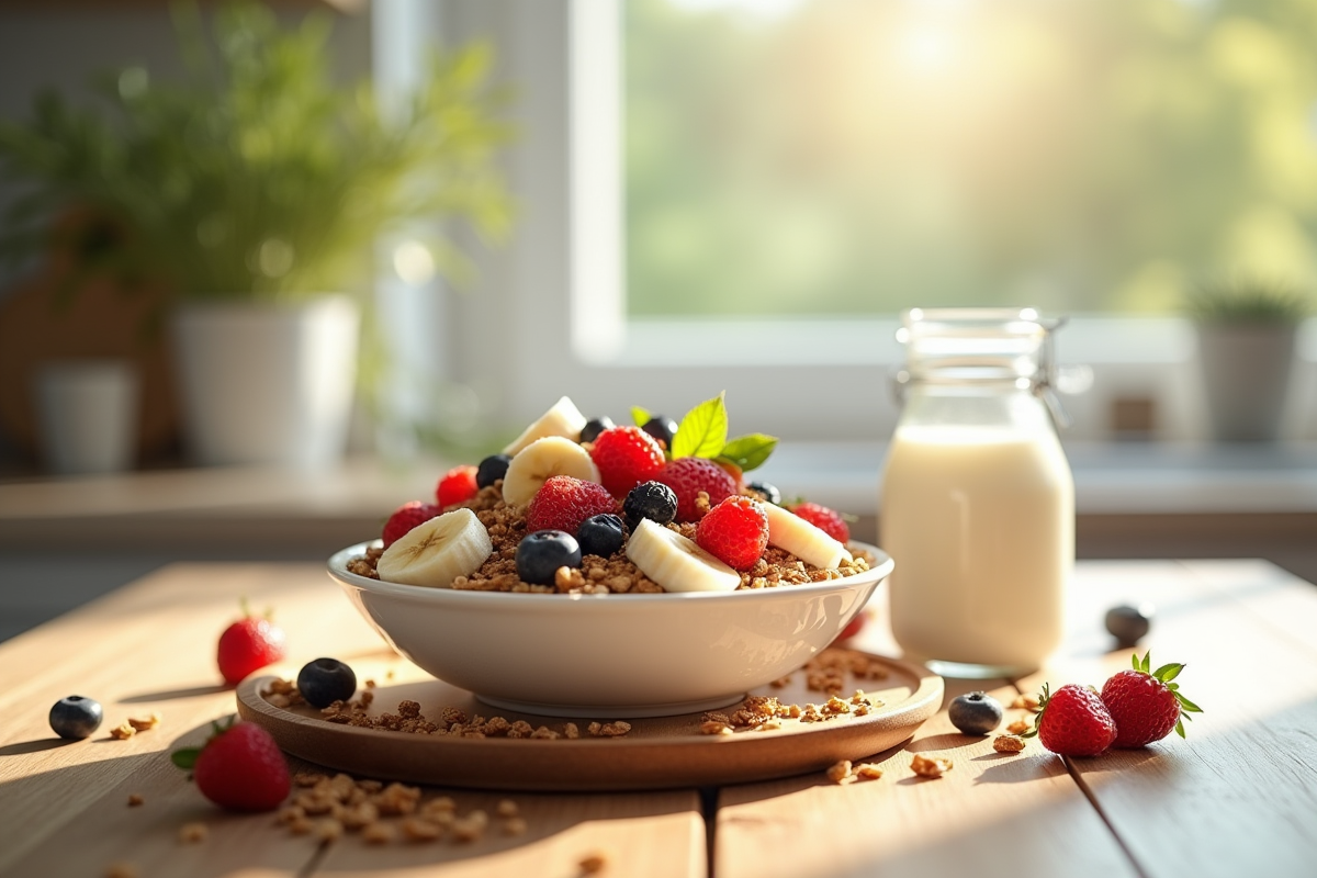Petit déjeuner sain avec yaourt et fruits frais