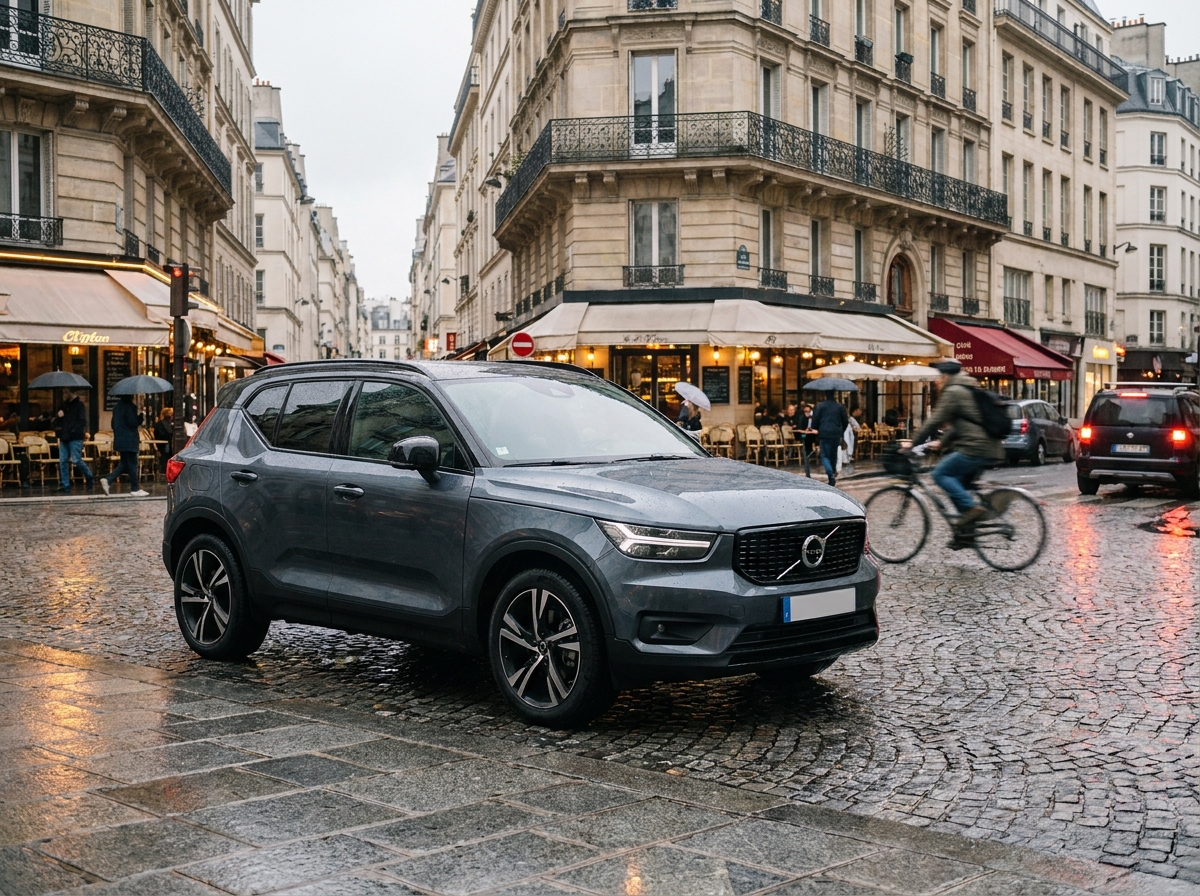 Petit SUV urbain compact garé dans une rue pavée européenne, vue en trois quarts avant, reflets sur les pavés mouillés, immeubles haussmanniens en arrière-plan