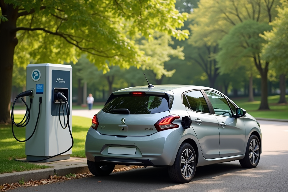 Peugeot 208 électrique en charge dans un parc arboré