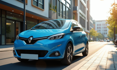 Voiture électrique Peugeot 208 bleue en ville en plein jour