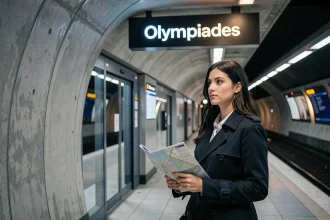 Femme consultant un plan du métro ligne 14 à Paris sur le quai de la station Olympiades le soir