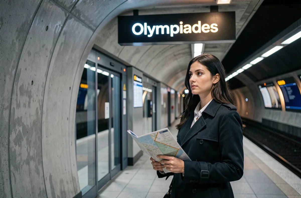 Femme consultant un plan du métro ligne 14 à Paris sur le quai de la station Olympiades le soir