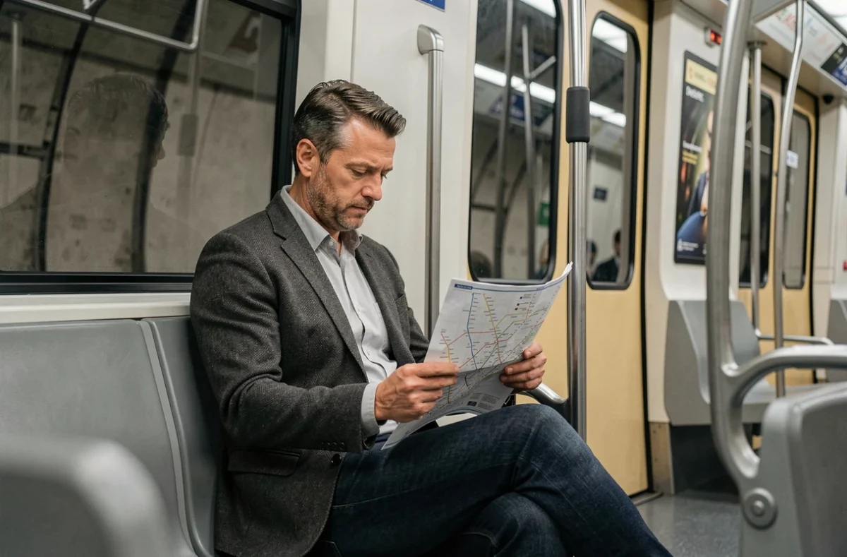 Homme étudiant le plan du métro ligne 14 dans la rame en soirée à Paris
