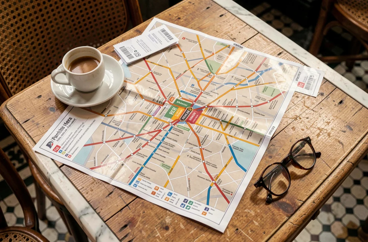 Plan du métro et RER de Paris posé sur une table de café parisien avec une tasse d'espresso et des lunettes