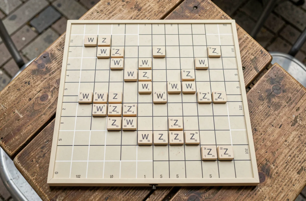 Plateau de Scrabble en plein jeu avec des mots de 3 lettres formés dont des cases W et Z
