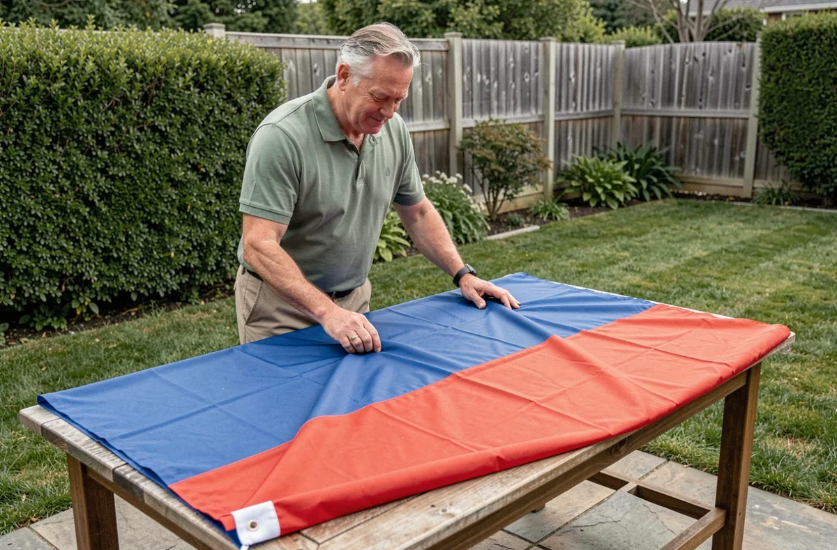 Homme pliant soigneusement un grand drapeau bleu et rouge sur une table en bois dans un jardin entretenu