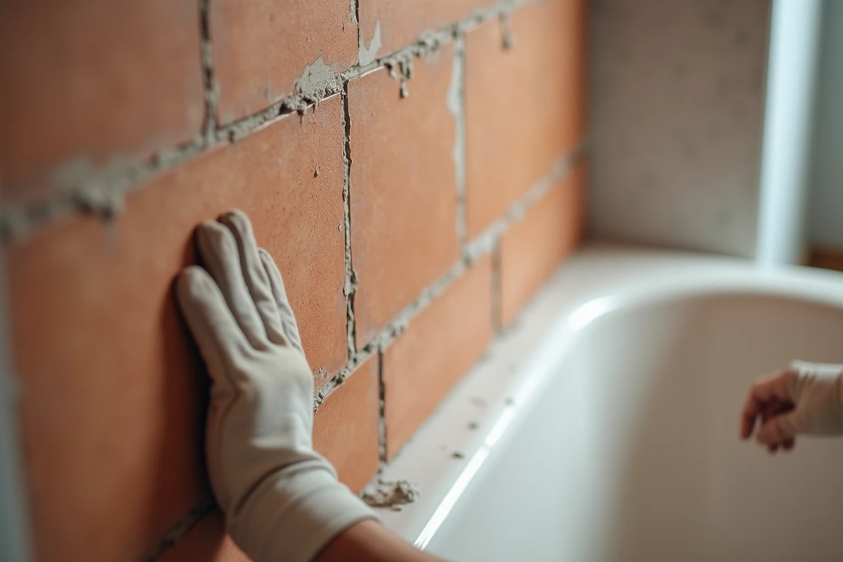 Pose de faïence artisanale teinte terracotta sur mur de salle de bain sans démolition, vue en gros plan
