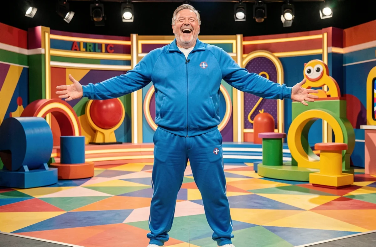 Présentateur humoriste français de grande stature en survêtement bleu sur un plateau de jeu télévisé coloré, évoquant l'univers et la silhouette de Vincent Lagaf