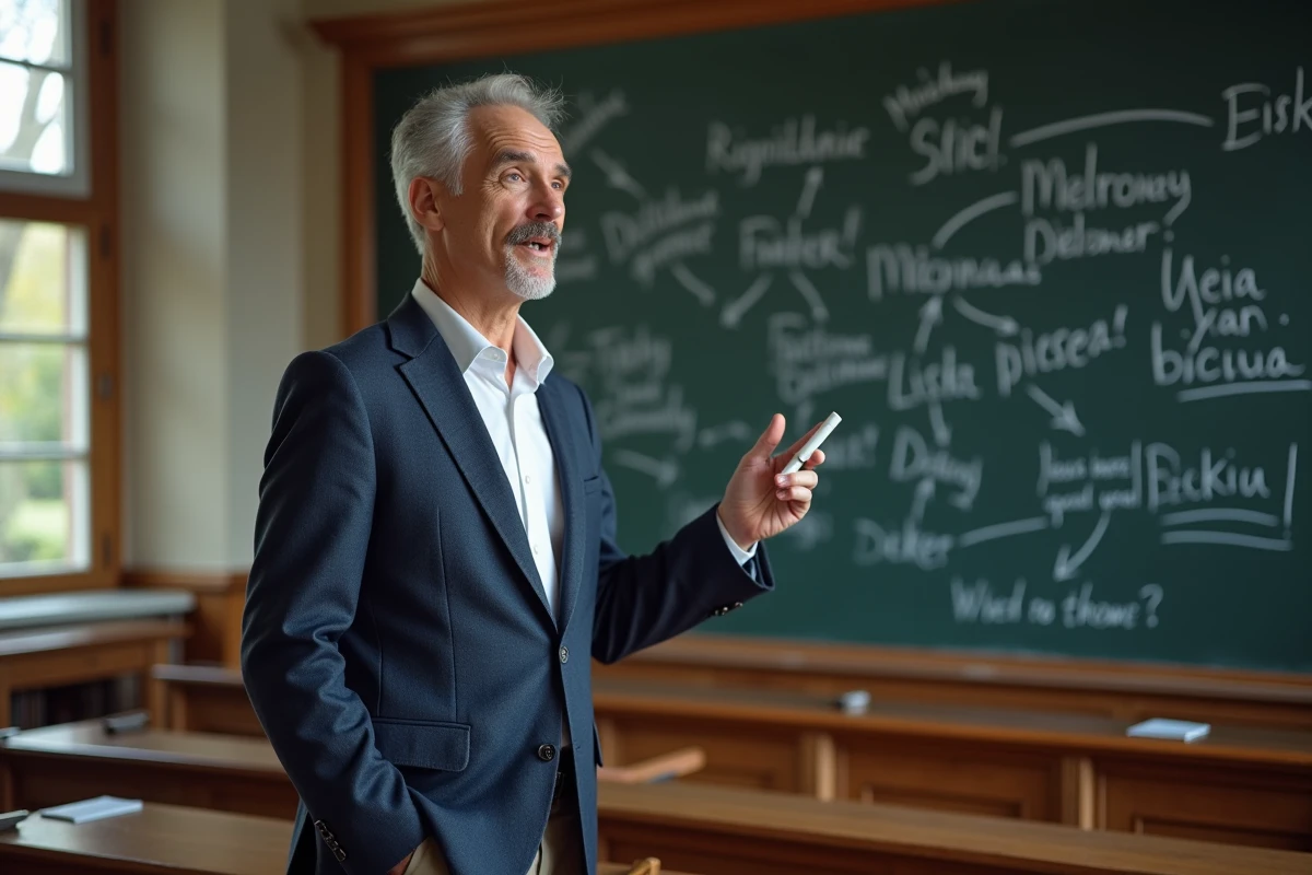 Professeur d'université expliquant des figures de style rhétoriques devant un tableau noir avec schémas et exemples écrits à la craie