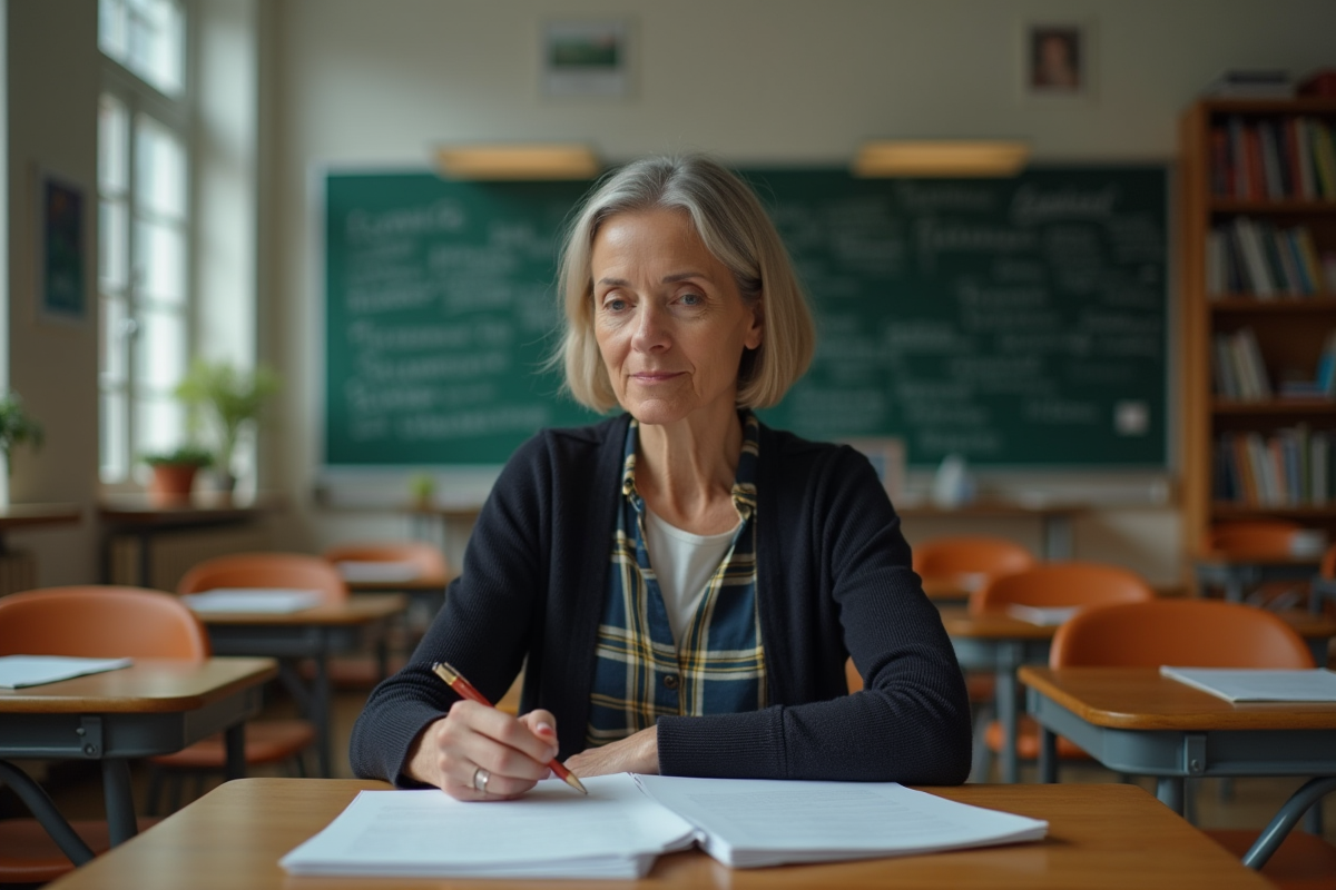 Professeure en classe moderne examinant des essais