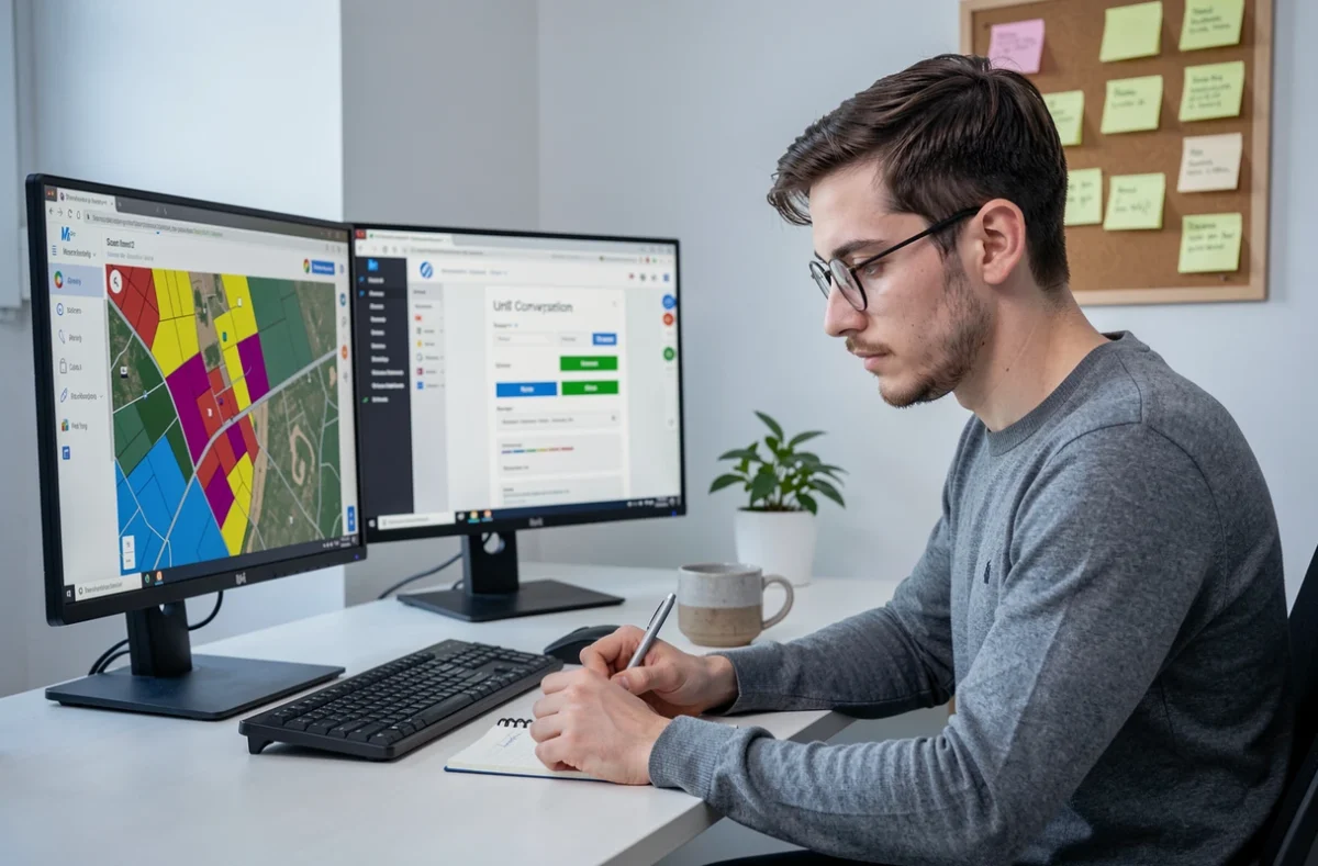 Jeune professionnel utilisant un logiciel SIG pour convertir des hectares en km² sur un poste de travail informatique