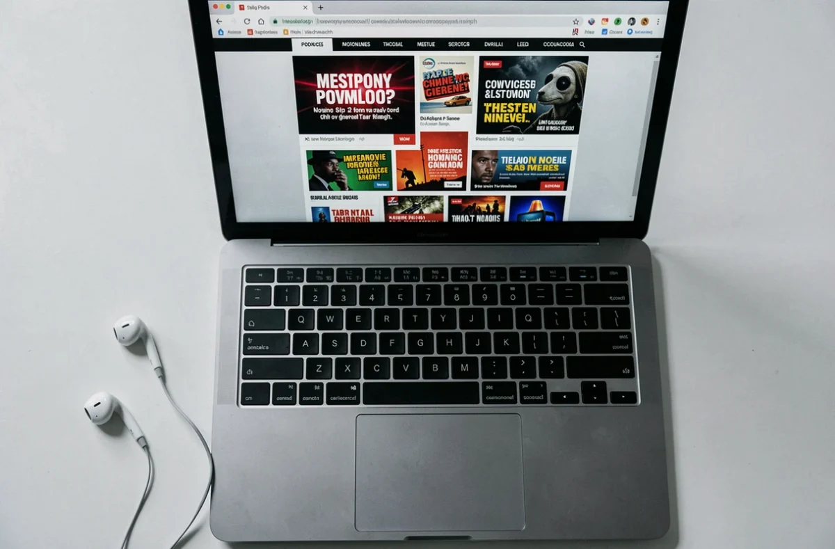 Vue aérienne d'un écran d'ordinateur affichant des publicités intrusives et des popups suspects sur un site de téléchargement MP3 TikTok