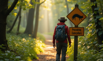 Randonneur dans une forêt ensoleillée examinant un panneau sur les chenilles processionnaires