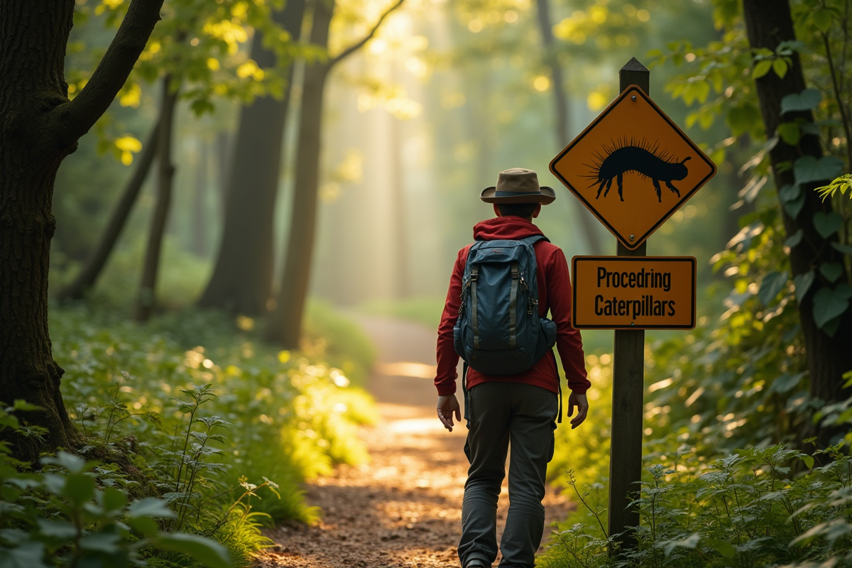Randonneur dans une forêt ensoleillée examinant un panneau sur les chenilles processionnaires