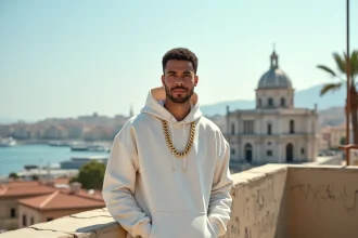 Rappeur marseillais posant sur un toit avec vue panoramique sur le port de Marseille et la basilique Notre-Dame de la Garde