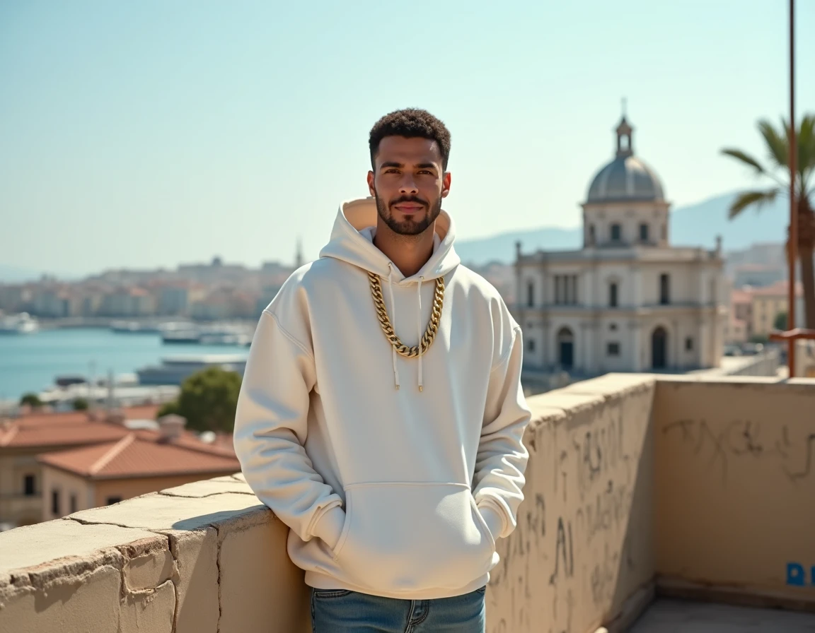 Rappeur marseillais posant sur un toit avec vue panoramique sur le port de Marseille et la basilique Notre-Dame de la Garde