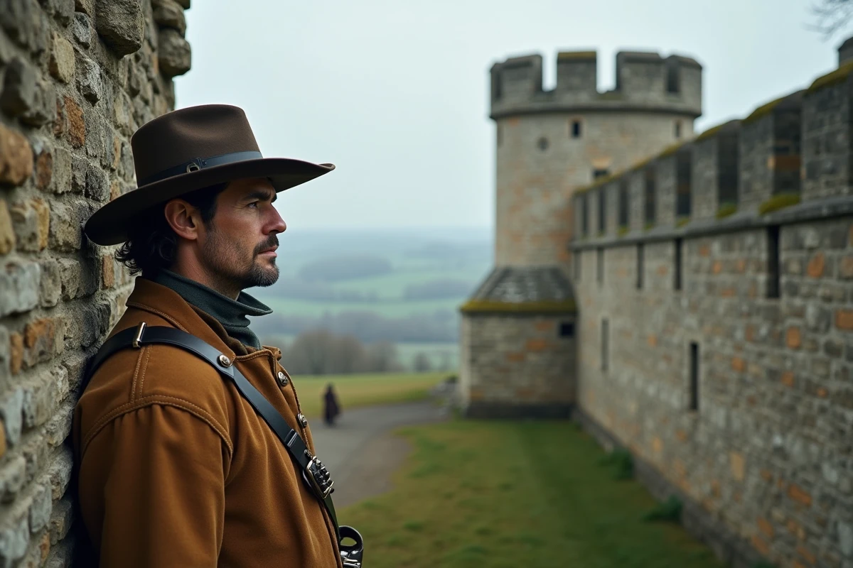 Reconstituteur en costume de mousquetaire du XVIIe siècle sur les remparts d'une forteresse historique française