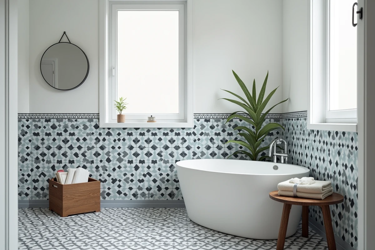Salle de bain rénovée avec lambris de faïence géométrique en bleu, noir et blanc sous une peinture blanche, baignoire îlot