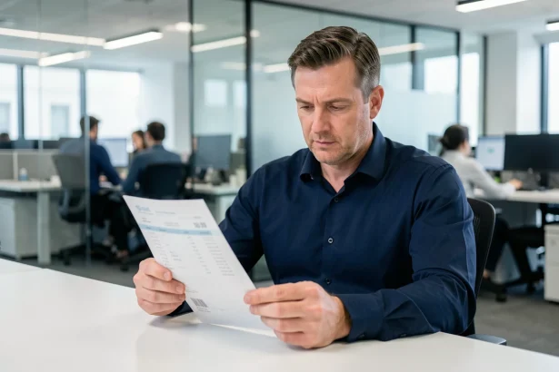 Responsable RH examinant un bulletin de paie dans un bureau moderne lors d'un jour férié de mai 2026