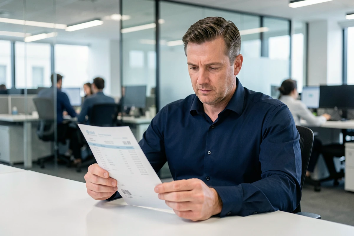 Responsable RH examinant un bulletin de paie dans un bureau moderne lors d'un jour férié de mai 2026