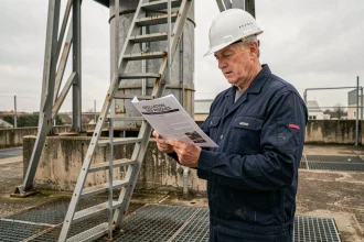 Responsable sécurité consultant le document unique au pied d'une échelle crinoline industrielle
