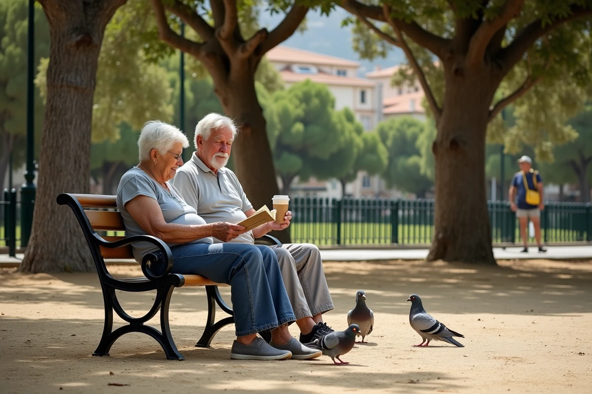 Couple de retraités marseillais assis dans un parc de la ville, reflétant le vieillissement de la population locale