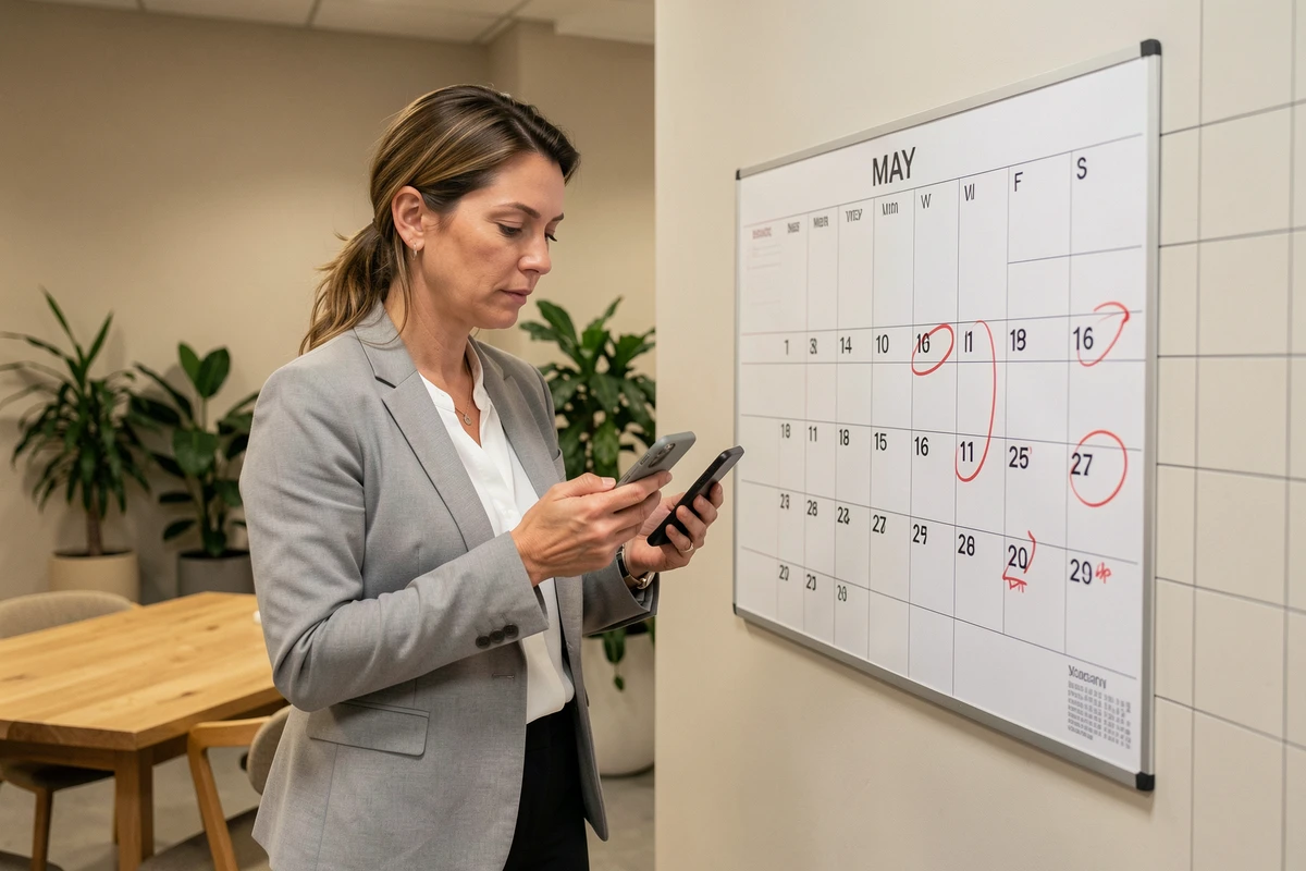 Salariée consultant son téléphone devant un calendrier de mai avec les jours fériés 2026 encerclés