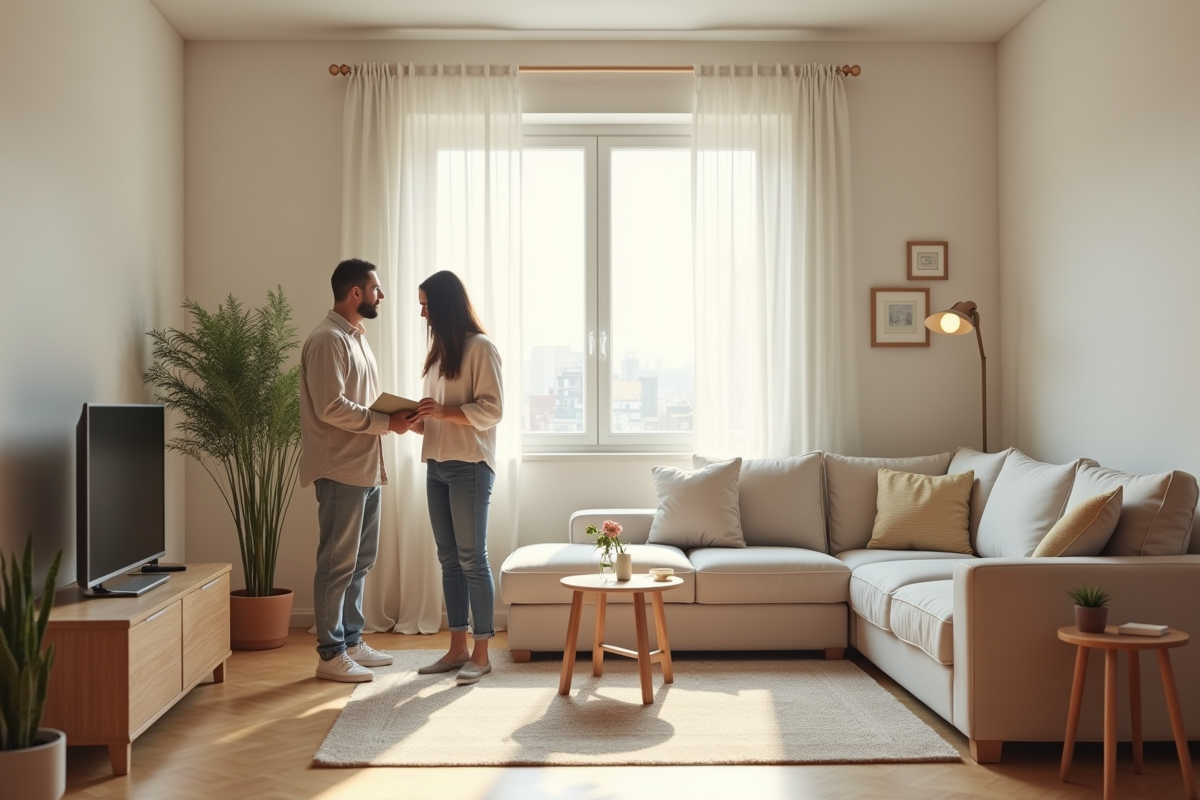 Salon minimaliste avec décoration neuve et lumière naturelle