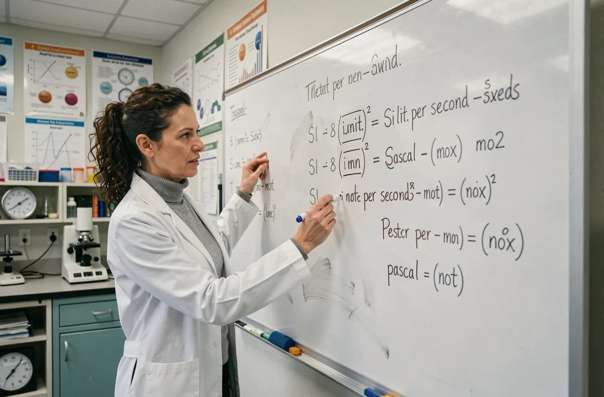 Femme scientifique expliquant les unités dérivées du système international sur un tableau blanc en laboratoire