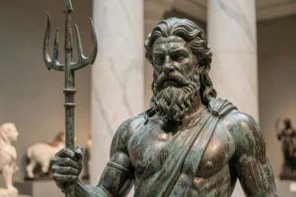 Sculpture en bronze de Poséidon tenant un trident dans un musée, illustrant le domaine du dieu grec de la mer