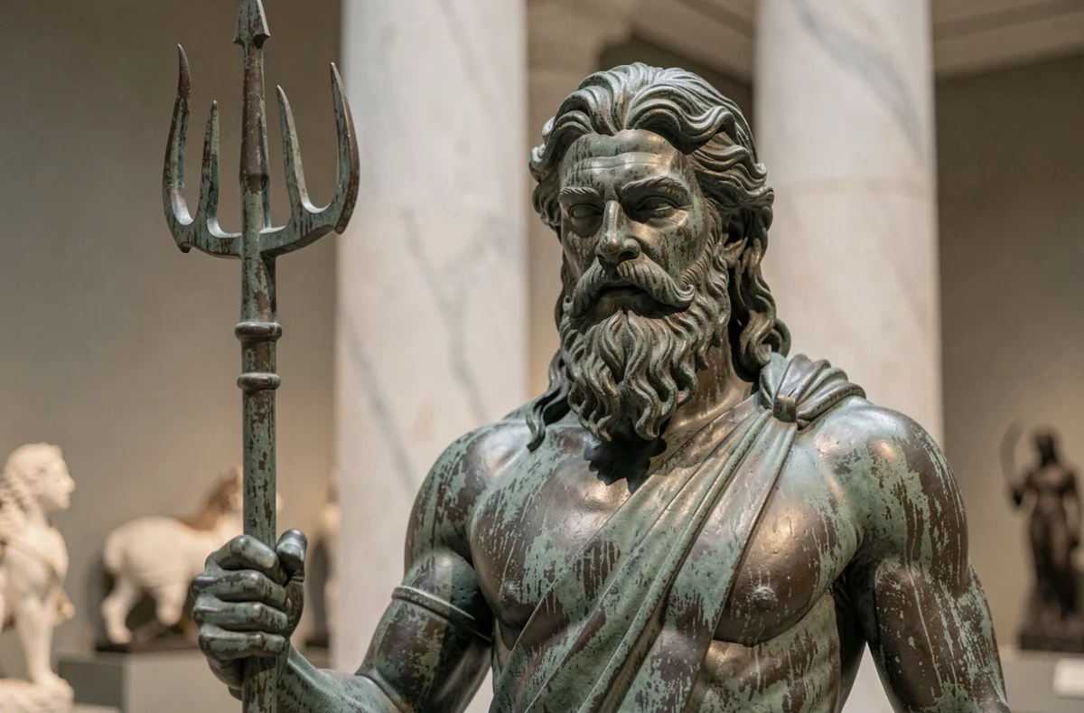 Sculpture en bronze de Poséidon tenant un trident dans un musée, illustrant le domaine du dieu grec de la mer