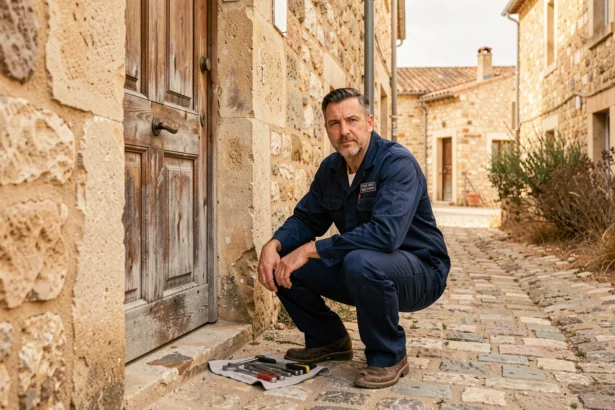 Serrurier professionnel intervenant en urgence devant une porte en bois dans une ruelle typique du Gard