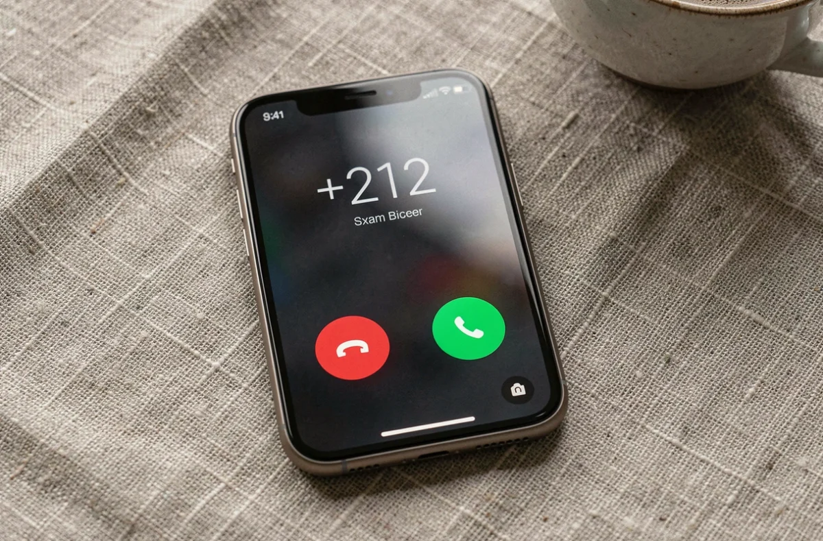 Gros plan d'un smartphone affichant un appel entrant avec l'indicatif +212 posé sur une nappe en lin