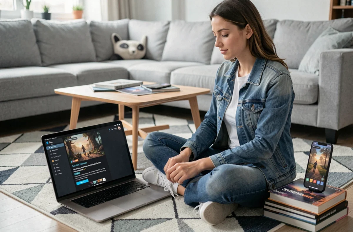 Jeune femme consultant une solution fan-made pour Rooms and Exits sur son ordinateur portable, avec le jeu ouvert sur son téléphone posé à côté
