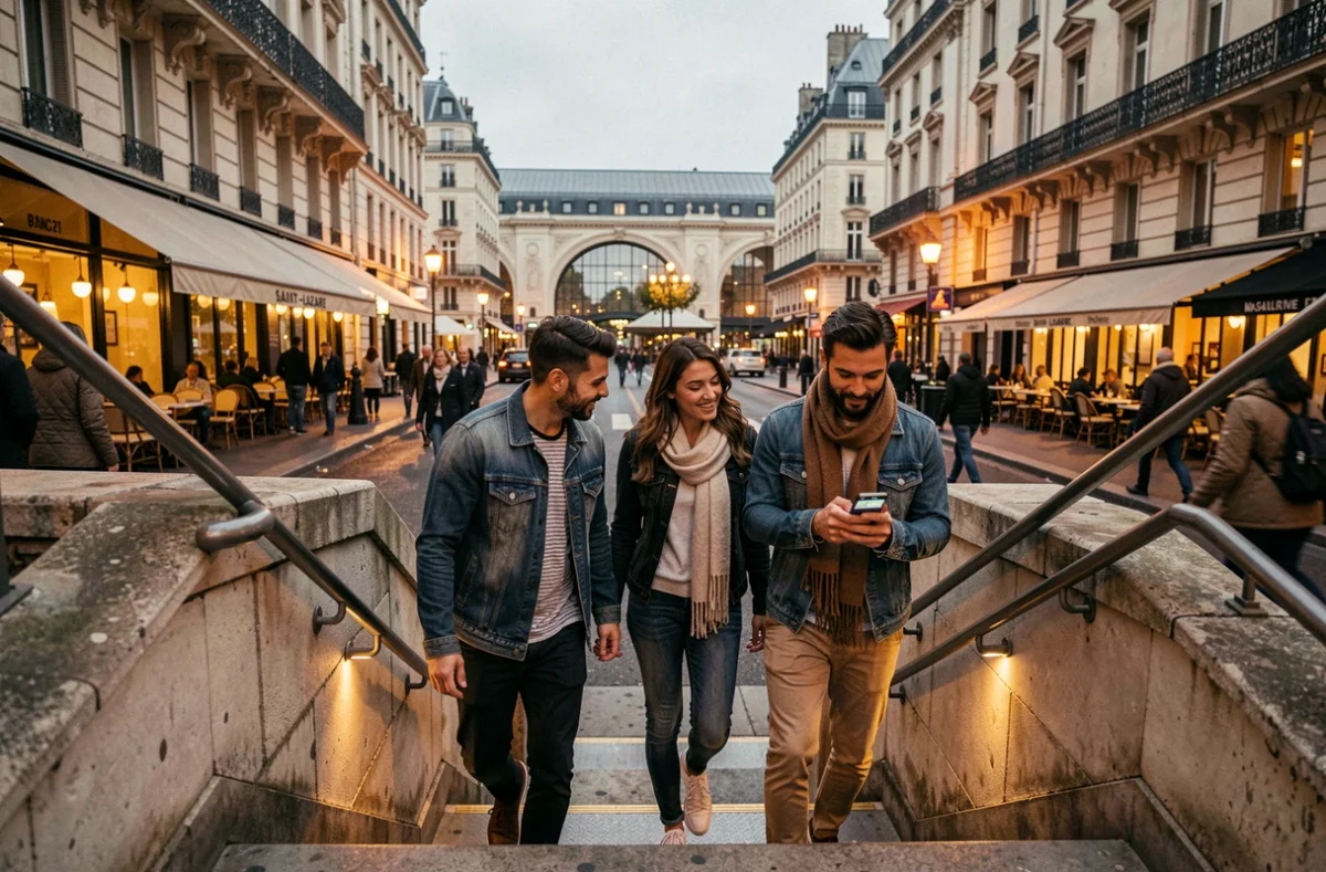 Groupe d'amis sortant du métro ligne 14 à Paris le soir pour une sortie nocturne