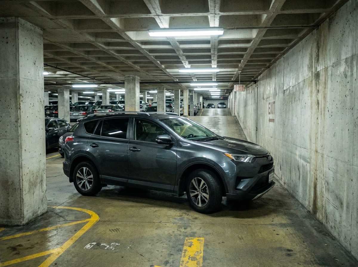 Petit SUV urbain manœuvrant dans un parking en étages, illustrant sa compacité et sa maniabilité en ville