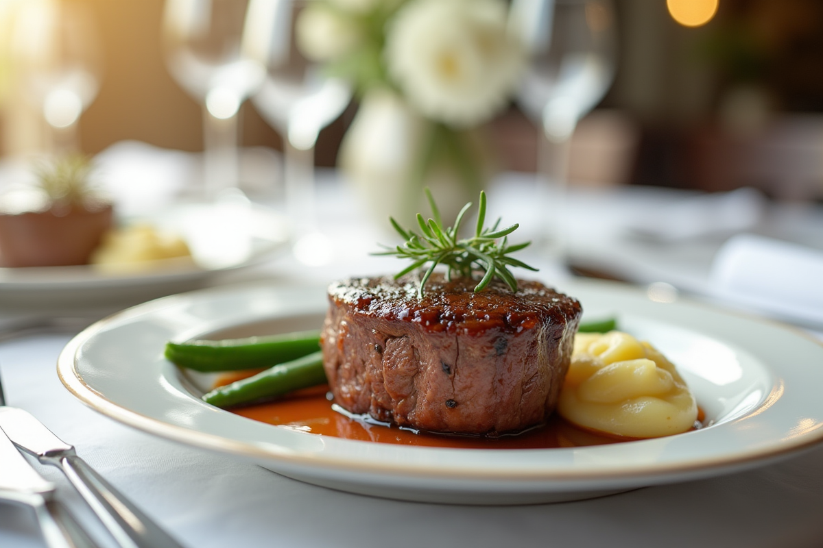 Table élégante avec filet mignon et purée de pommes de terre