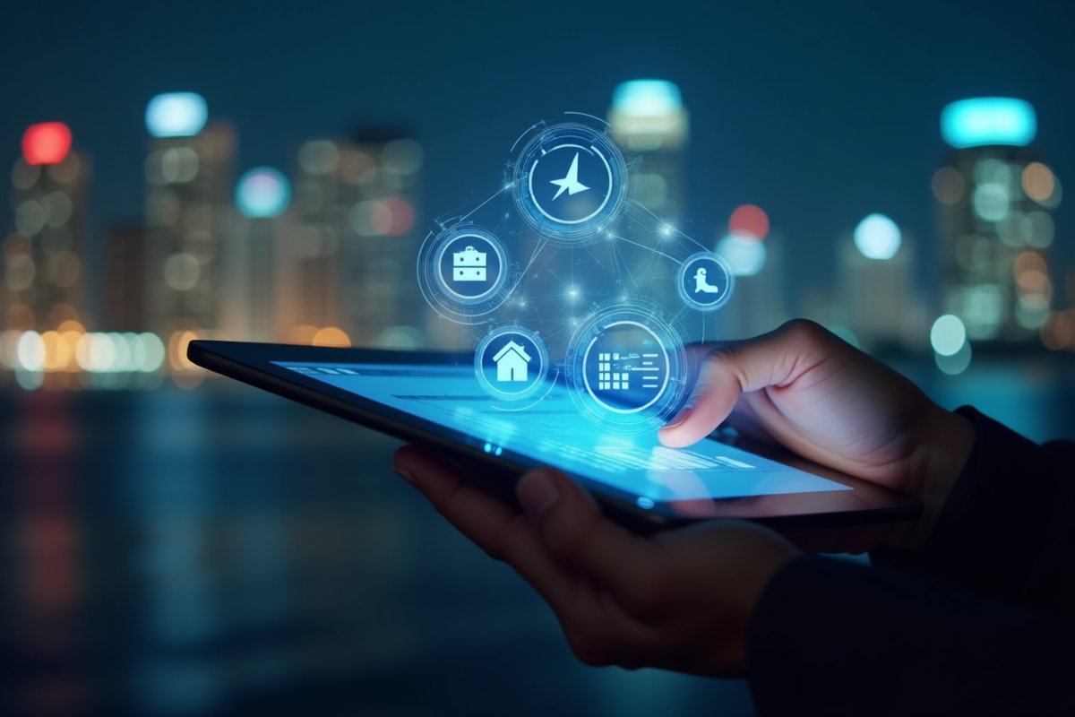 Main tenant une tablette avec icônes financières en ville