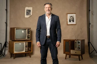 Portrait en pied d'un animateur de télévision français de grande taille en veste marine, illustrant la stature physique de Vincent Lagaf