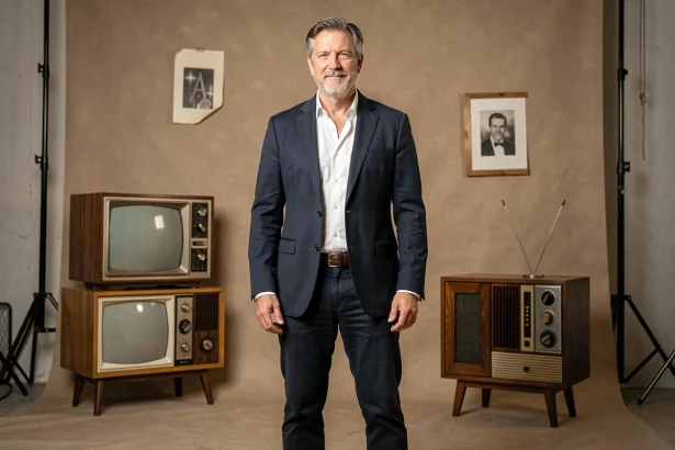 Portrait en pied d'un animateur de télévision français de grande taille en veste marine, illustrant la stature physique de Vincent Lagaf