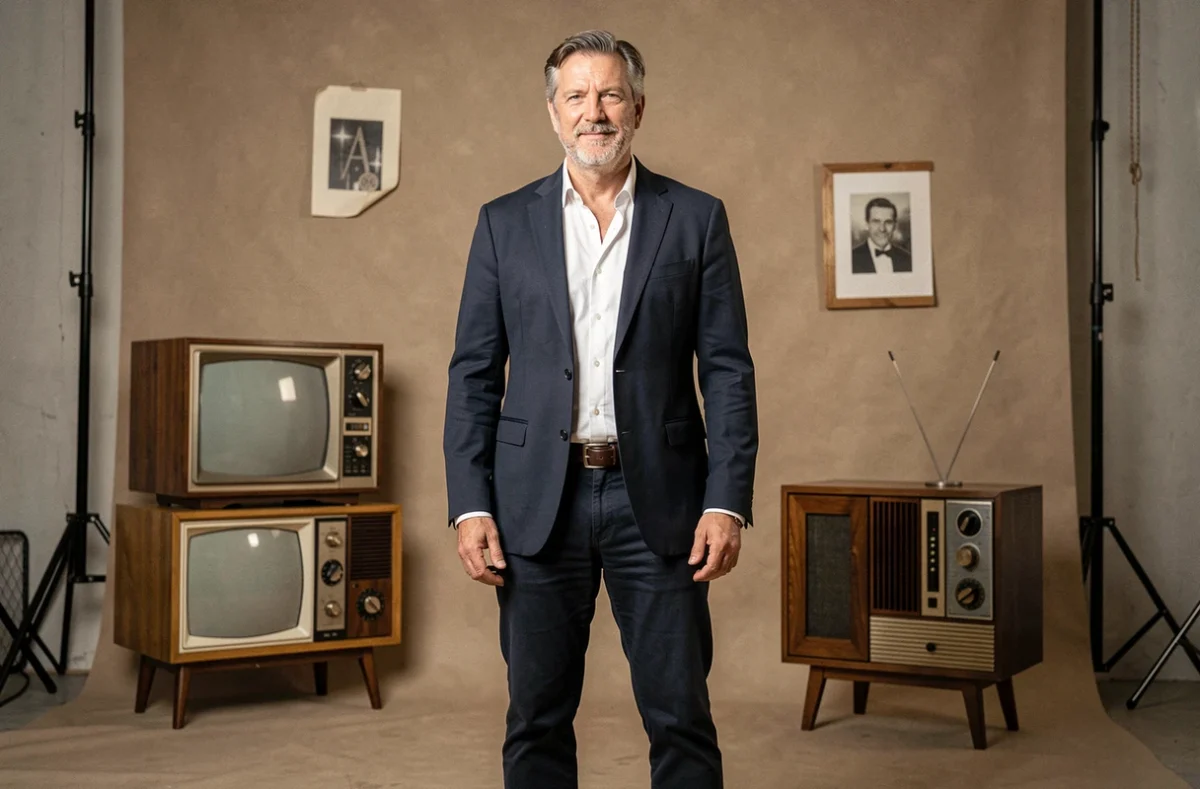 Portrait en pied d'un animateur de télévision français de grande taille en veste marine, illustrant la stature physique de Vincent Lagaf