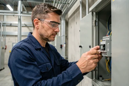 Technicien électricien inspectant un relais temporisé dans un tableau électrique industriel ouvert