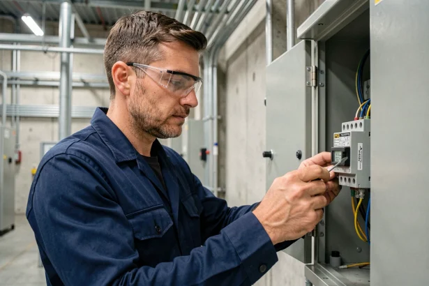 Technicien électricien inspectant un relais temporisé dans un tableau électrique industriel ouvert