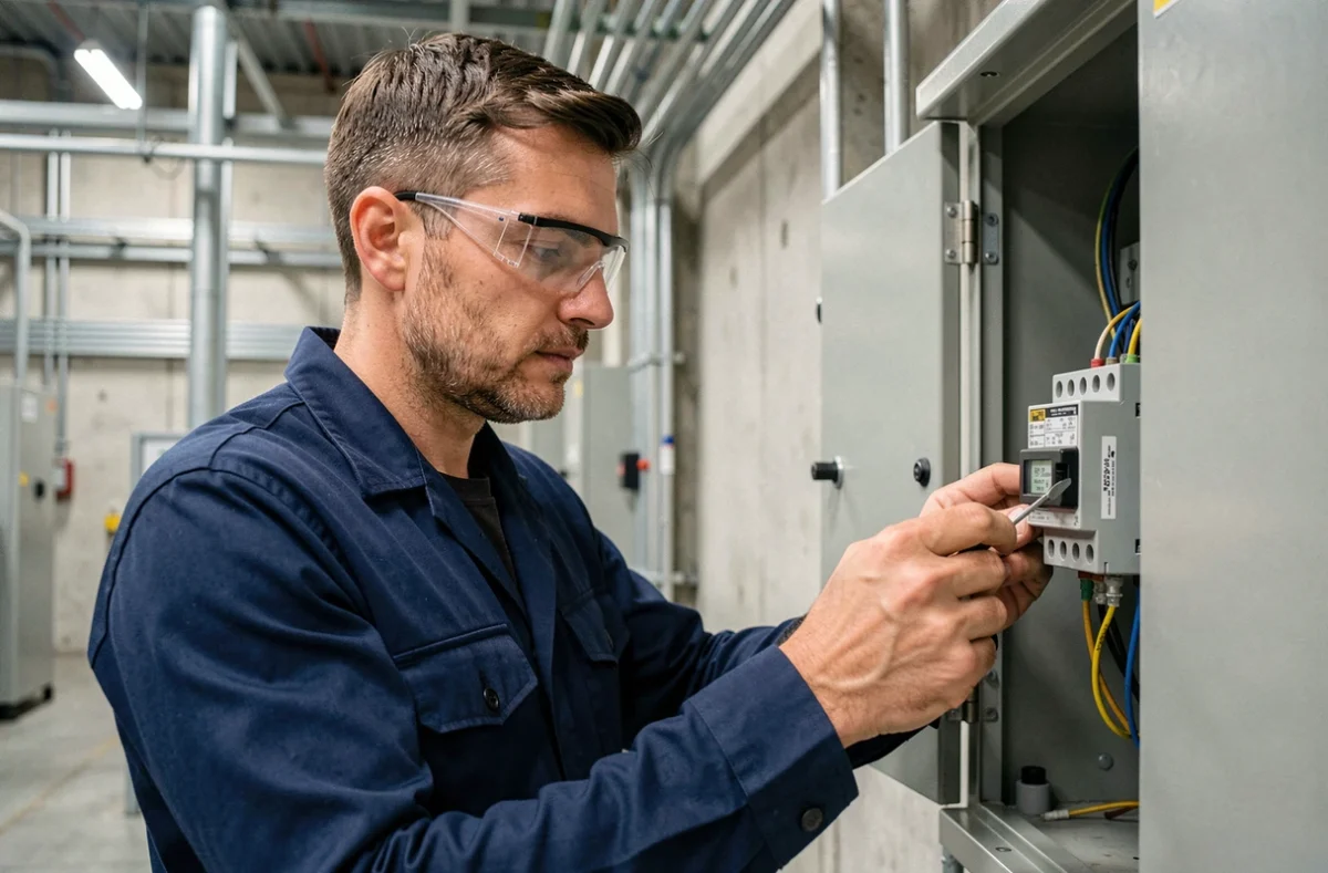 Technicien électricien inspectant un relais temporisé dans un tableau électrique industriel ouvert