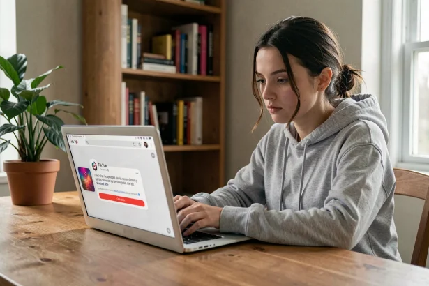 Jeune femme prudente devant un écran d'ordinateur affichant un avertissement de sécurité lors d'un téléchargement TikTok en MP3