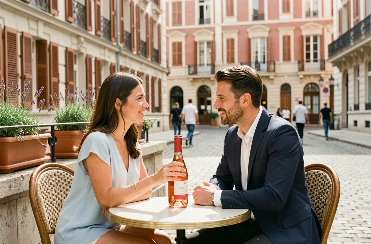 Couple en terrasse de café romantique sur la Place Saint-Georges à Toulouse partageant un verre de rosé