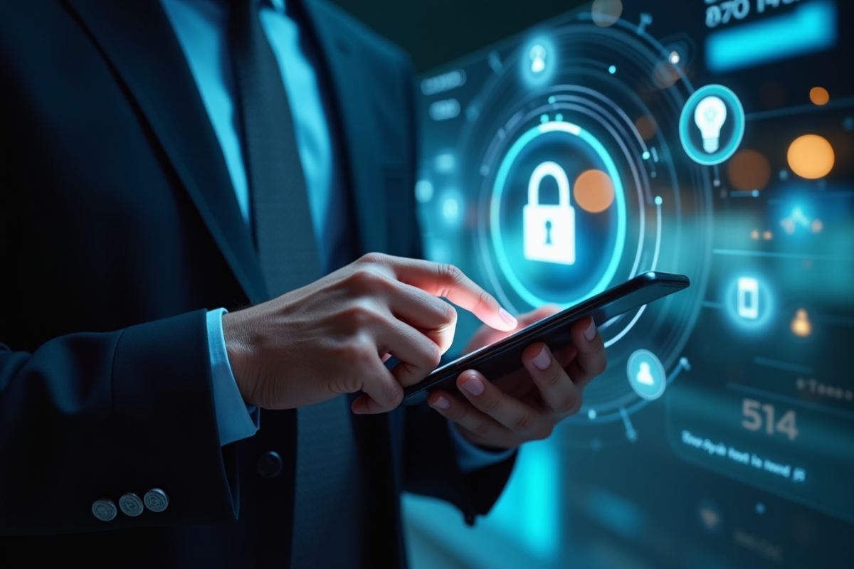 Executif utilisant un smartphone pour une transaction digitale sécurisée