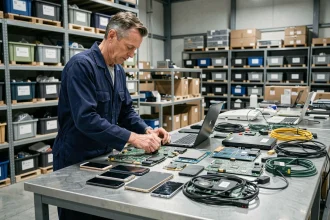 Technicien triant des déchets électroniques comme des smartphones et ordinateurs dans un centre de recyclage moderne